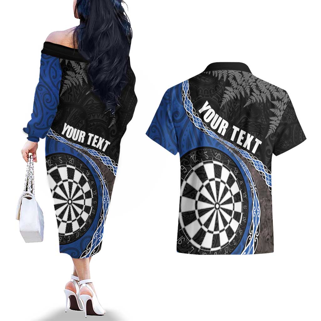 Personalised New Zealand Darts Couples Matching Off The Shoulder Long Sleeve Dress and Hawaiian Shirt Koru Tribal Tattoo and Silver Fern Maori Pattern Blue Color LT03 - Polynesian Pride