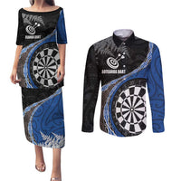 Personalised New Zealand Darts Couples Matching Puletasi and Long Sleeve Button Shirt Koru Tribal Tattoo and Silver Fern Maori Pattern Blue Color LT03 Blue - Polynesian Pride