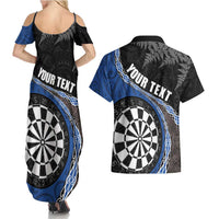 Personalised New Zealand Darts Couples Matching Summer Maxi Dress and Hawaiian Shirt Koru Tribal Tattoo and Silver Fern Maori Pattern Blue Color LT03 - Polynesian Pride