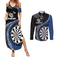 Personalised New Zealand Darts Couples Matching Summer Maxi Dress and Long Sleeve Button Shirt Koru Tribal Tattoo and Silver Fern Maori Pattern Blue Color LT03 Blue - Polynesian Pride