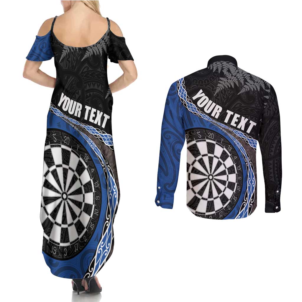 Personalised New Zealand Darts Couples Matching Summer Maxi Dress and Long Sleeve Button Shirt Koru Tribal Tattoo and Silver Fern Maori Pattern Blue Color LT03 - Polynesian Pride