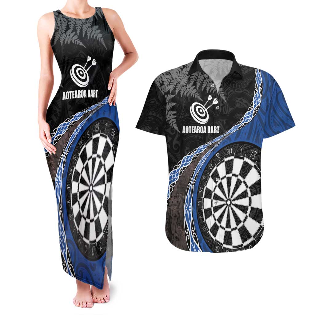 Personalised New Zealand Darts Couples Matching Tank Maxi Dress and Hawaiian Shirt Koru Tribal Tattoo and Silver Fern Maori Pattern Blue Color LT03 Blue - Polynesian Pride