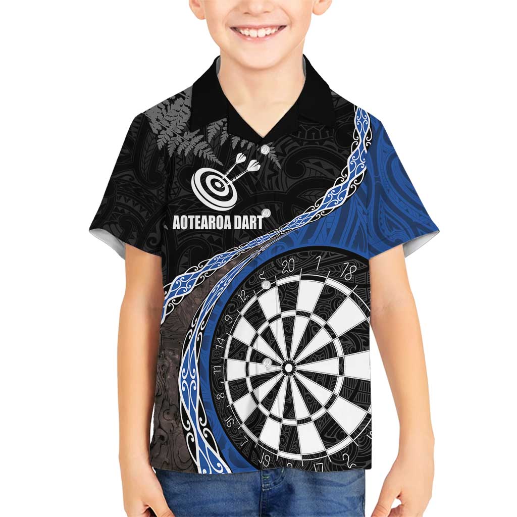 Personalised New Zealand Darts Family Matching Long Sleeve Bodycon Dress and Hawaiian Shirt Koru Tribal Tattoo and Silver Fern Maori Pattern Blue Color LT03 Son's Shirt Blue - Polynesian Pride