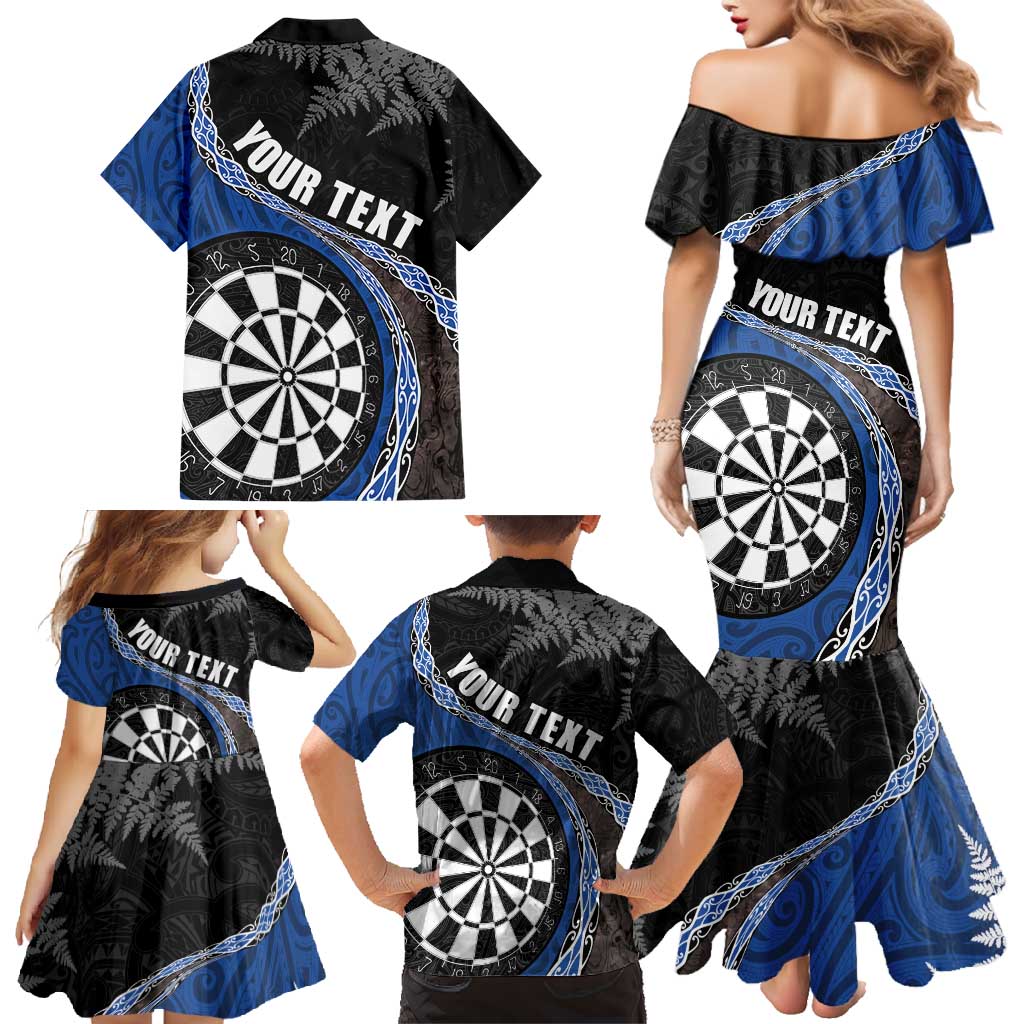 Personalised New Zealand Darts Family Matching Mermaid Dress and Hawaiian Shirt Koru Tribal Tattoo and Silver Fern Maori Pattern Blue Color LT03 - Polynesian Pride