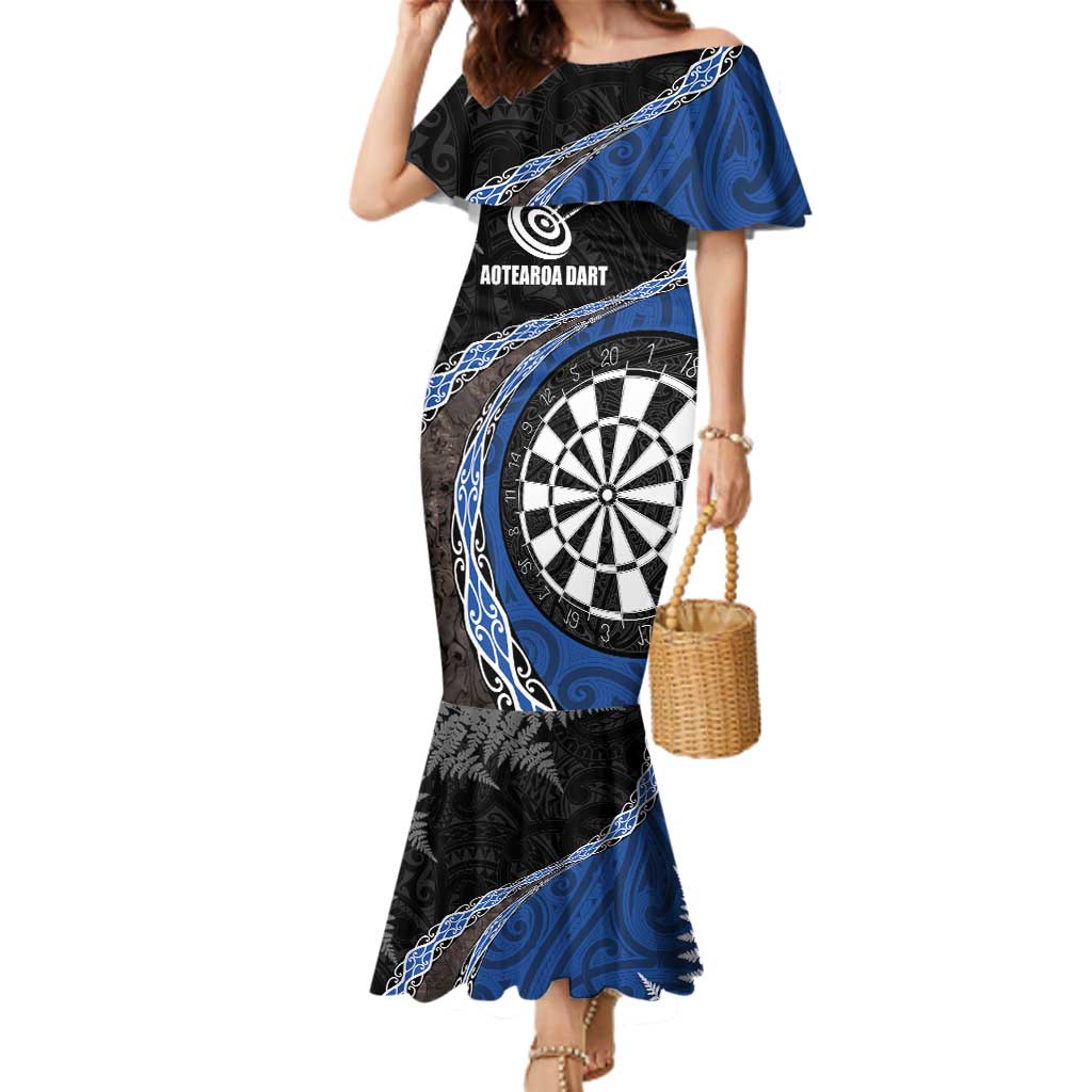 Personalised New Zealand Darts Family Matching Mermaid Dress and Hawaiian Shirt Koru Tribal Tattoo and Silver Fern Maori Pattern Blue Color LT03 Mom's Dress Blue - Polynesian Pride