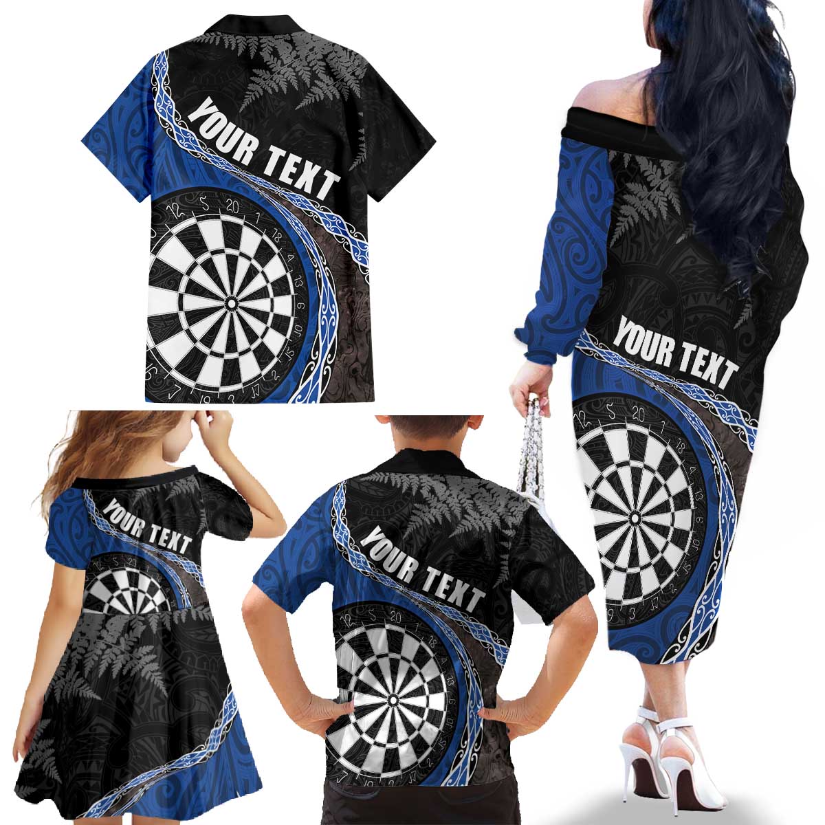 Personalised New Zealand Darts Family Matching Off The Shoulder Long Sleeve Dress and Hawaiian Shirt Koru Tribal Tattoo and Silver Fern Maori Pattern Blue Color LT03 - Polynesian Pride