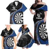 Personalised New Zealand Darts Family Matching Off Shoulder Maxi Dress and Hawaiian Shirt Koru Tribal Tattoo and Silver Fern Maori Pattern Blue Color LT03 - Polynesian Pride