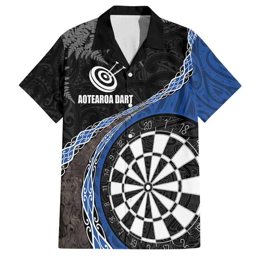 Personalised New Zealand Darts Family Matching Off Shoulder Maxi Dress and Hawaiian Shirt Koru Tribal Tattoo and Silver Fern Maori Pattern Blue Color LT03 Dad's Shirt - Short Sleeve Blue - Polynesian Pride