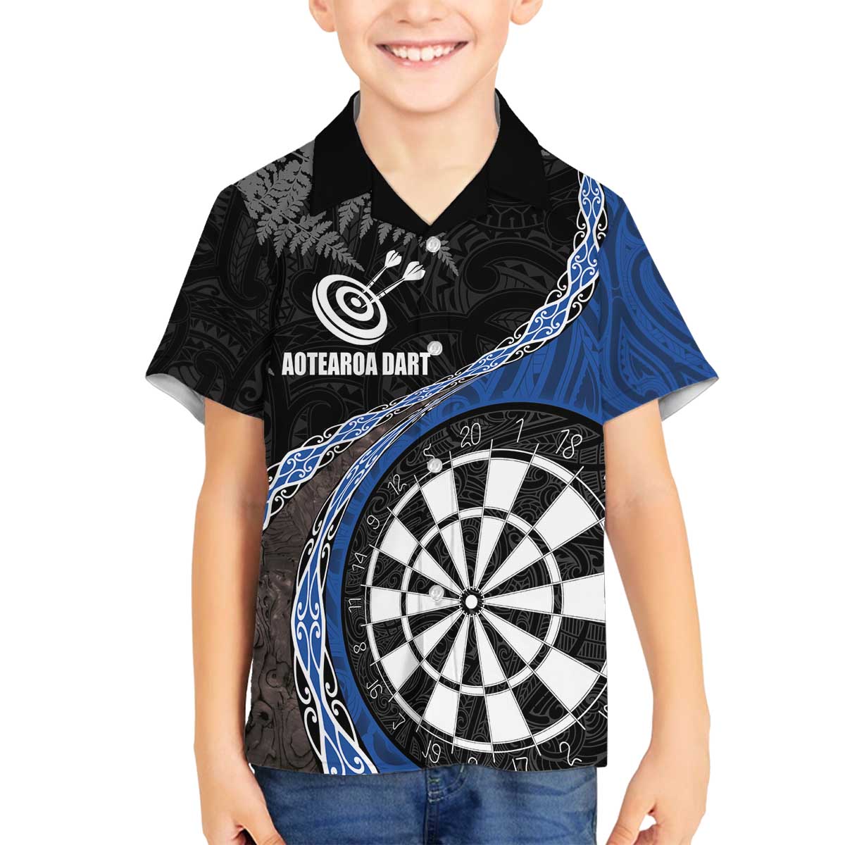 Personalised New Zealand Darts Family Matching Off Shoulder Short Dress and Hawaiian Shirt Koru Tribal Tattoo and Silver Fern Maori Pattern Blue Color LT03 Son's Shirt Blue - Polynesian Pride