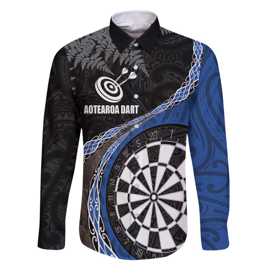 Personalised New Zealand Darts Family Matching Short Sleeve Bodycon Dress and Hawaiian Shirt Koru Tribal Tattoo and Silver Fern Maori Pattern Blue Color LT03 Dad's Shirt - Long Sleeve Blue - Polynesian Pride