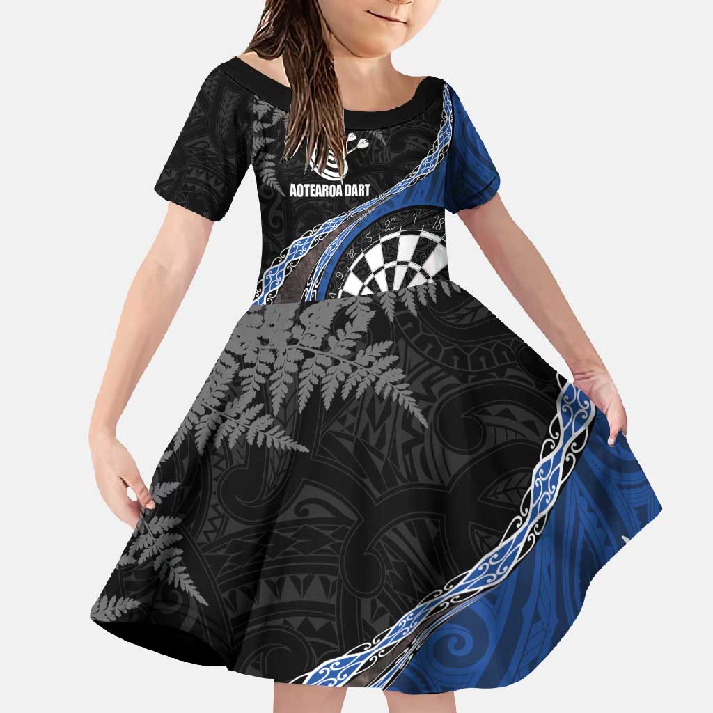 Personalised New Zealand Darts Family Matching Summer Maxi Dress and Hawaiian Shirt Koru Tribal Tattoo and Silver Fern Maori Pattern Blue Color LT03 Daughter's Dress Blue - Polynesian Pride
