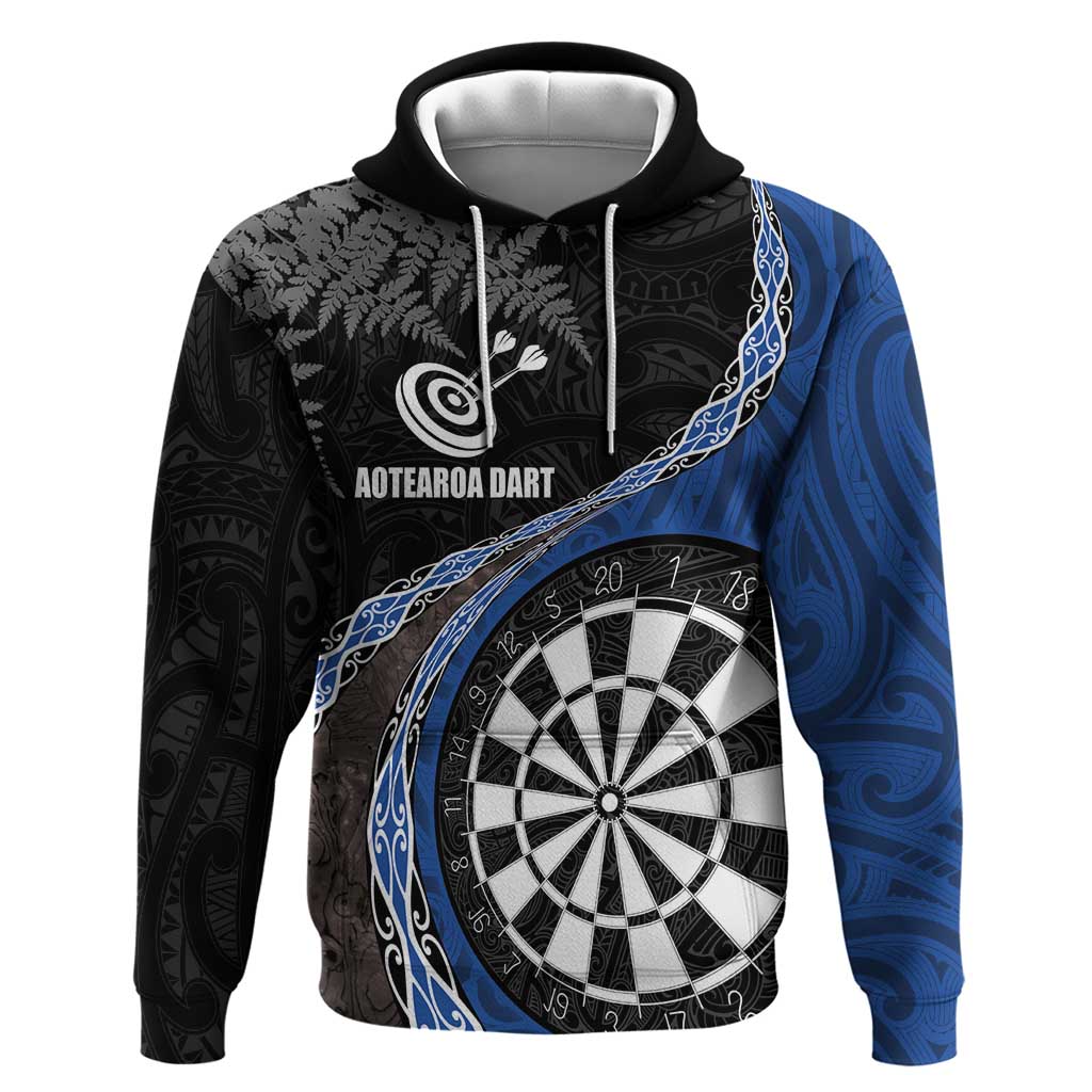 Personalised New Zealand Darts Hoodie Koru Tribal Tattoo and Silver Fern Maori Pattern Blue Color LT03 Pullover Hoodie Blue - Polynesian Pride