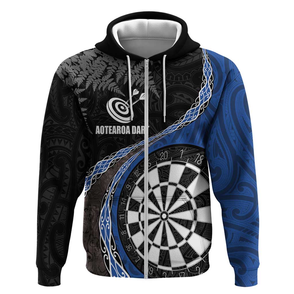 Personalised New Zealand Darts Hoodie Koru Tribal Tattoo and Silver Fern Maori Pattern Blue Color LT03 Zip Hoodie Blue - Polynesian Pride