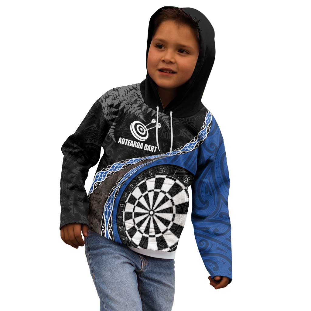 Personalised New Zealand Darts Kid Hoodie Koru Tribal Tattoo and Silver Fern Maori Pattern Blue Color LT03 - Polynesian Pride