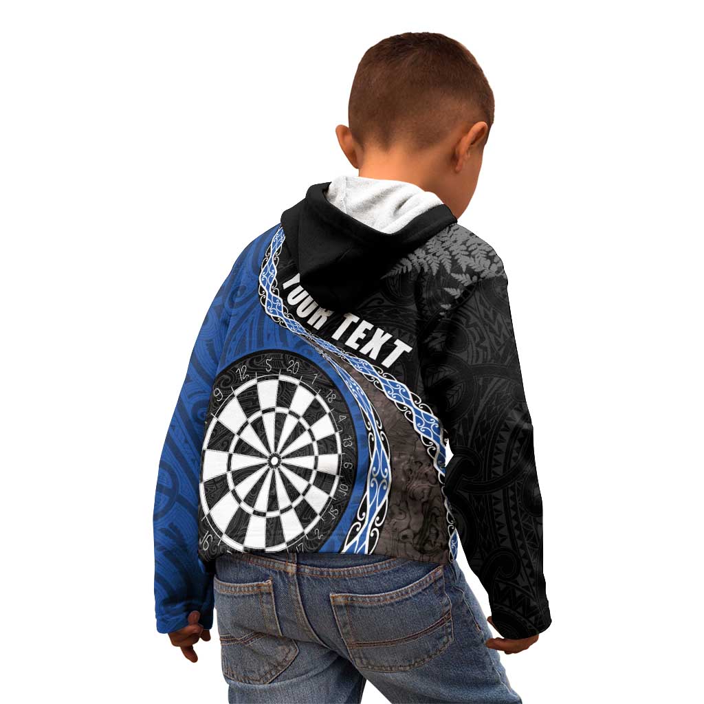 Personalised New Zealand Darts Kid Hoodie Koru Tribal Tattoo and Silver Fern Maori Pattern Blue Color LT03 - Polynesian Pride