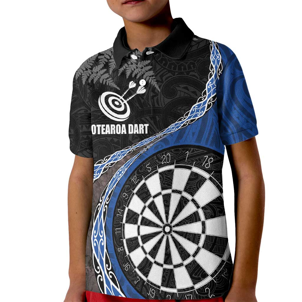 Personalised New Zealand Darts Kid Polo Shirt - Koru Tribal Tattoo and Silver Fern Maori Pattern Blue LT03 Kid Blue - Polynesian Pride