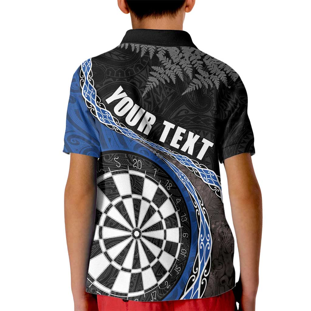 Personalised New Zealand Darts Kid Polo Shirt - Koru Tribal Tattoo and Silver Fern Maori Pattern Blue LT03 - Polynesian Pride