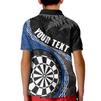 Personalised New Zealand Darts Kid Polo Shirt - Koru Tribal Tattoo and Silver Fern Maori Pattern Blue LT03 - Polynesian Pride