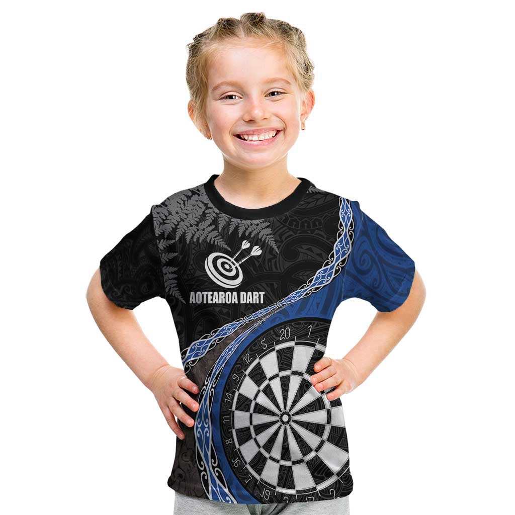 Personalised New Zealand Darts Kid T Shirt Koru Tribal Tattoo and Silver Fern Maori Pattern Blue Color LT03 Blue - Polynesian Pride