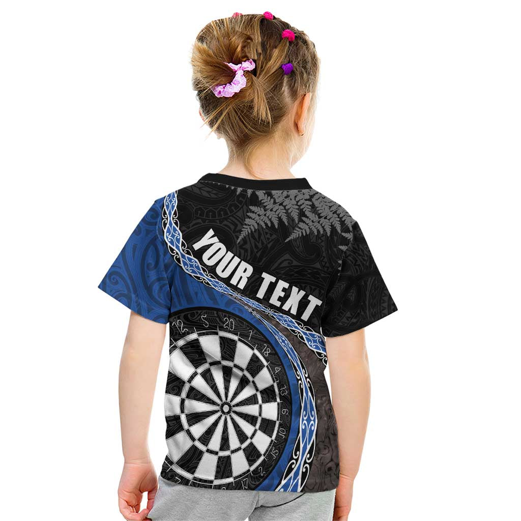 Personalised New Zealand Darts Kid T Shirt Koru Tribal Tattoo and Silver Fern Maori Pattern Blue Color LT03 - Polynesian Pride