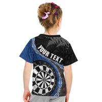 Personalised New Zealand Darts Kid T Shirt Koru Tribal Tattoo and Silver Fern Maori Pattern Blue Color LT03 - Polynesian Pride