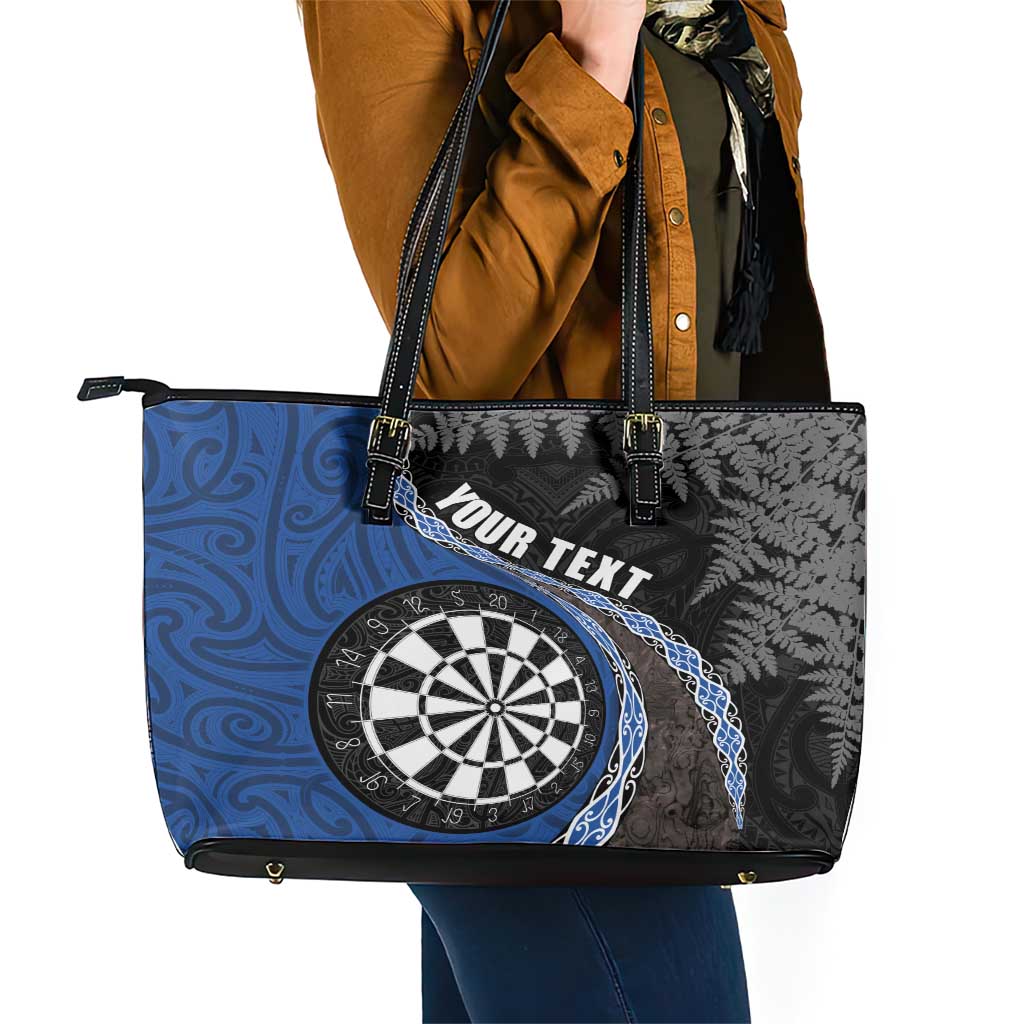 Personalised New Zealand Darts Leather Tote Bag Koru Tribal Tattoo and Silver Fern Maori Pattern Blue Color LT03 - Polynesian Pride
