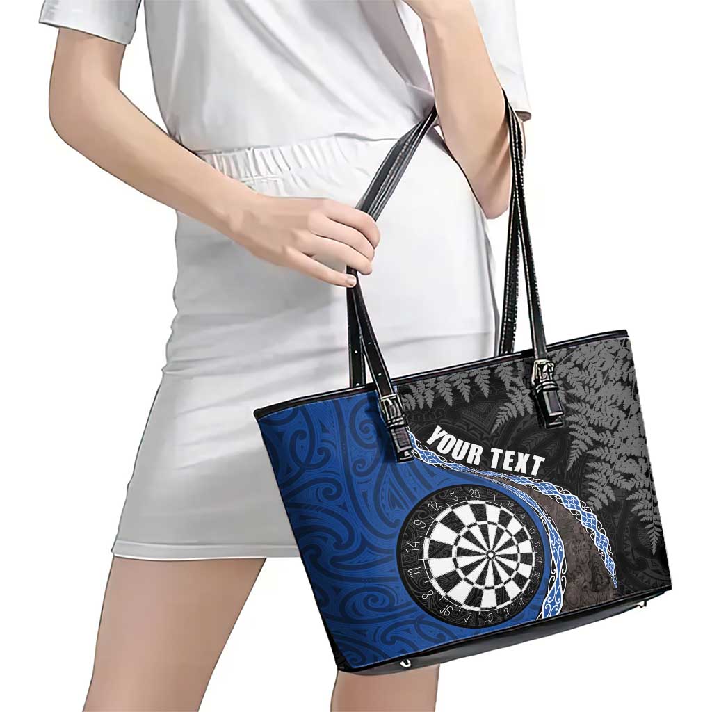 Personalised New Zealand Darts Leather Tote Bag Koru Tribal Tattoo and Silver Fern Maori Pattern Blue Color LT03 - Polynesian Pride