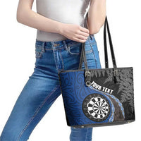 Personalised New Zealand Darts Leather Tote Bag Koru Tribal Tattoo and Silver Fern Maori Pattern Blue Color LT03 - Polynesian Pride