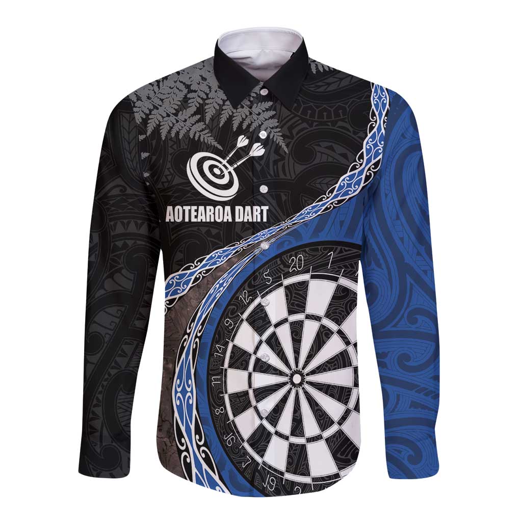 Personalised New Zealand Darts Long Sleeve Button Shirt Koru Tribal Tattoo and Silver Fern Maori Pattern Blue Color LT03 Unisex Blue - Polynesian Pride