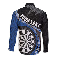 Personalised New Zealand Darts Long Sleeve Button Shirt Koru Tribal Tattoo and Silver Fern Maori Pattern Blue Color LT03 - Polynesian Pride