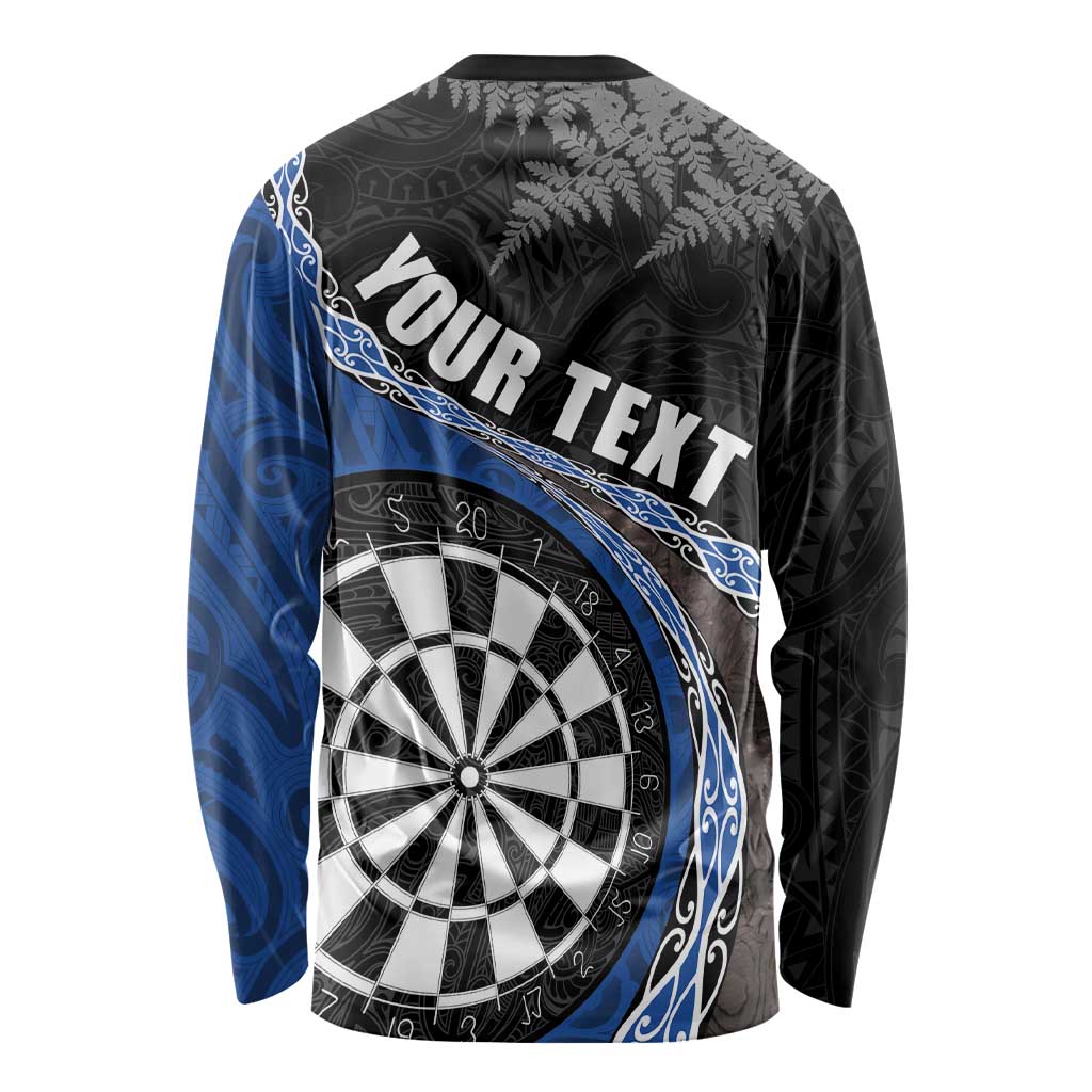 Personalised New Zealand Darts Long Sleeve Shirt Koru Tribal Tattoo and Silver Fern Maori Pattern Blue Color LT03 - Polynesian Pride