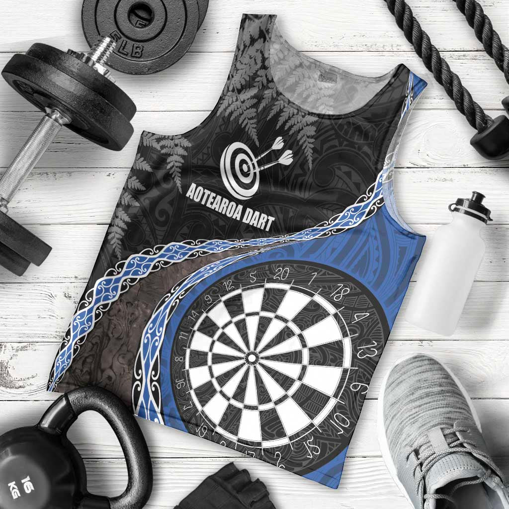 Personalised New Zealand Darts Men Tank Top Koru Tribal Tattoo and Silver Fern Maori Pattern Blue Color LT03 - Polynesian Pride
