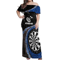 Personalised New Zealand Darts Off Shoulder Maxi Dress Koru Tribal Tattoo and Silver Fern Maori Pattern Blue Color LT03 Women Blue - Polynesian Pride
