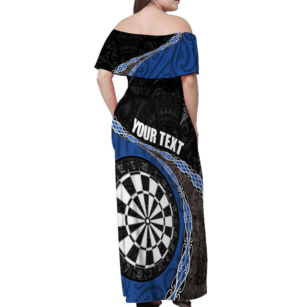 Personalised New Zealand Darts Off Shoulder Maxi Dress Koru Tribal Tattoo and Silver Fern Maori Pattern Blue Color LT03 - Polynesian Pride