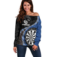 Personalised New Zealand Darts Off Shoulder Sweater Koru Tribal Tattoo and Silver Fern Maori Pattern Blue Color LT03 Women Blue - Polynesian Pride