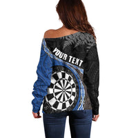 Personalised New Zealand Darts Off Shoulder Sweater Koru Tribal Tattoo and Silver Fern Maori Pattern Blue Color LT03 - Polynesian Pride