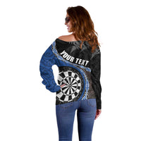 Personalised New Zealand Darts Off Shoulder Sweater Koru Tribal Tattoo and Silver Fern Maori Pattern Blue Color LT03 - Polynesian Pride