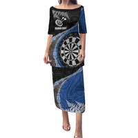 Personalised New Zealand Darts Puletasi Koru Tribal Tattoo and Silver Fern Maori Pattern Blue Color LT03 Long Dress Blue - Polynesian Pride