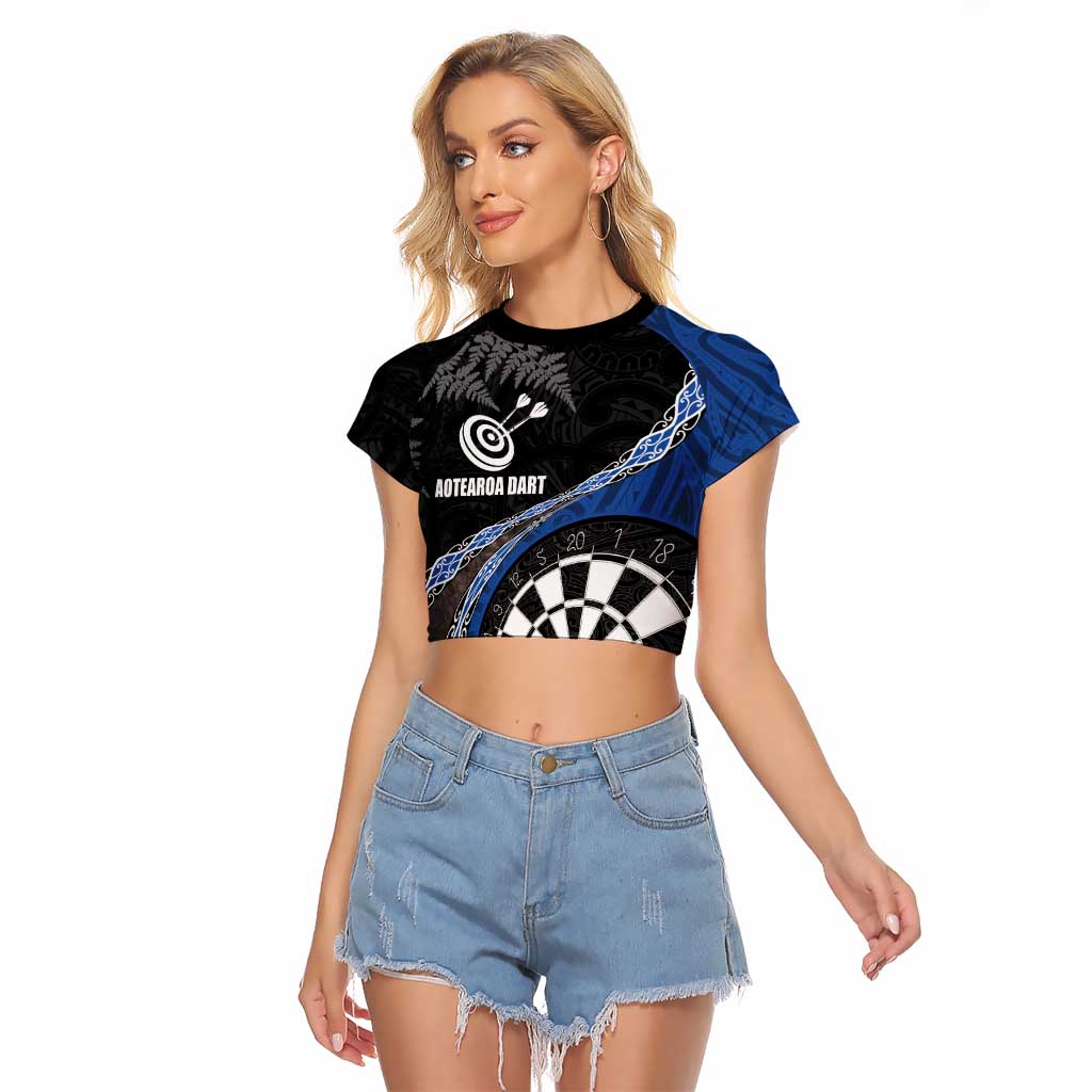 Personalised New Zealand Darts Raglan Cropped T Shirt Koru Tribal Tattoo and Silver Fern Maori Pattern Blue Color LT03 Female Blue - Polynesian Pride