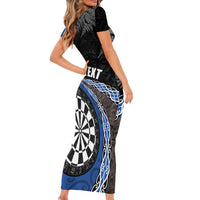Personalised New Zealand Darts Short Sleeve Bodycon Dress Koru Tribal Tattoo and Silver Fern Maori Pattern Blue Color LT03 - Polynesian Pride