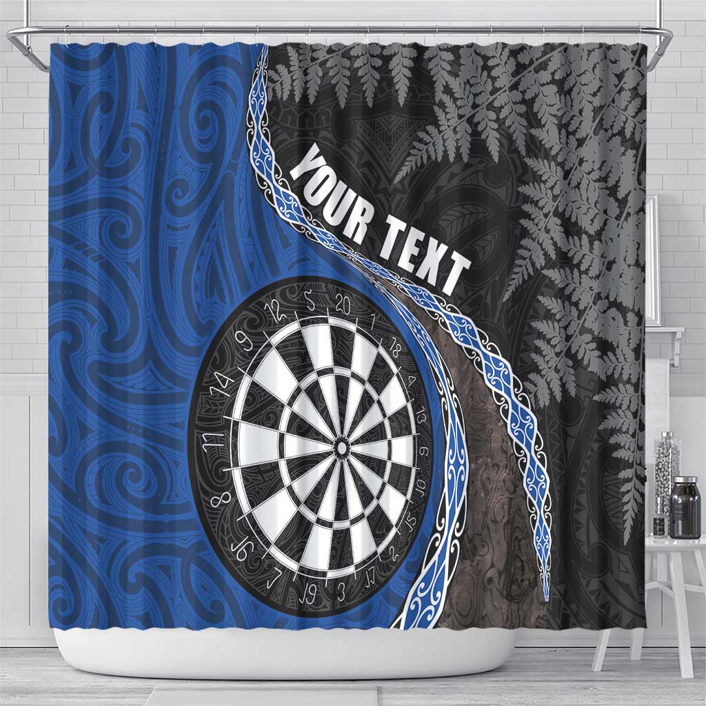 Personalised New Zealand Darts Shower Curtain Koru Tribal Tattoo and Silver Fern Maori Pattern Blue Color LT03 - Polynesian Pride