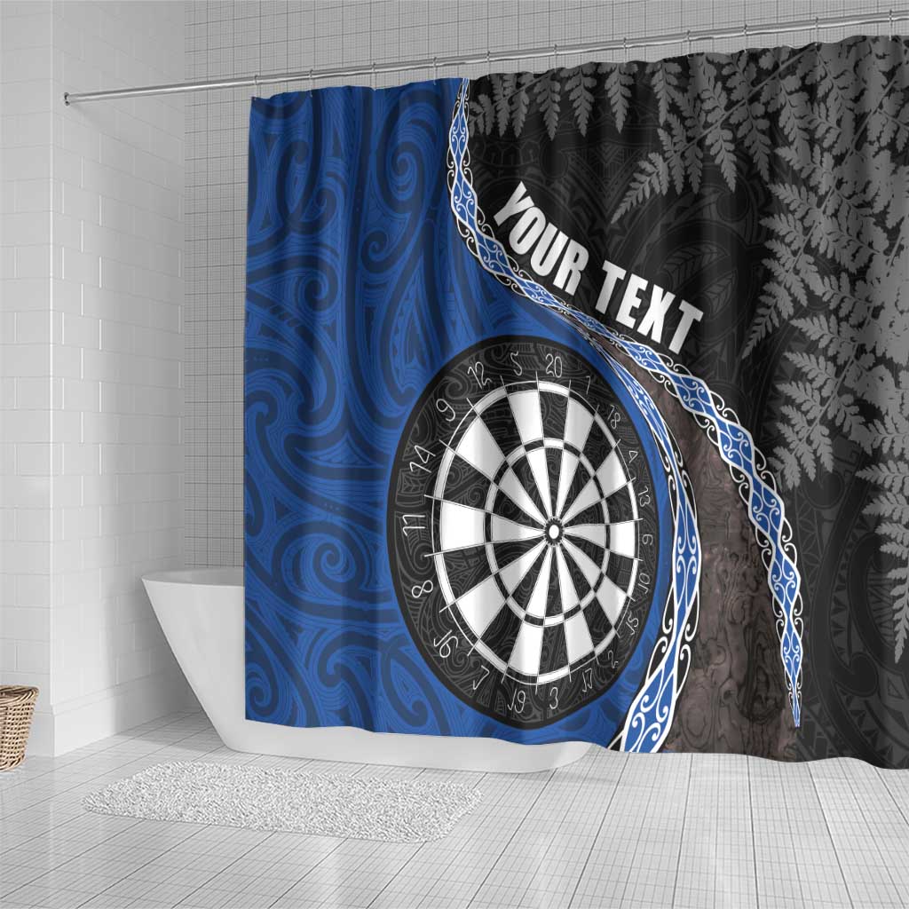Personalised New Zealand Darts Shower Curtain Koru Tribal Tattoo and Silver Fern Maori Pattern Blue Color LT03 - Polynesian Pride