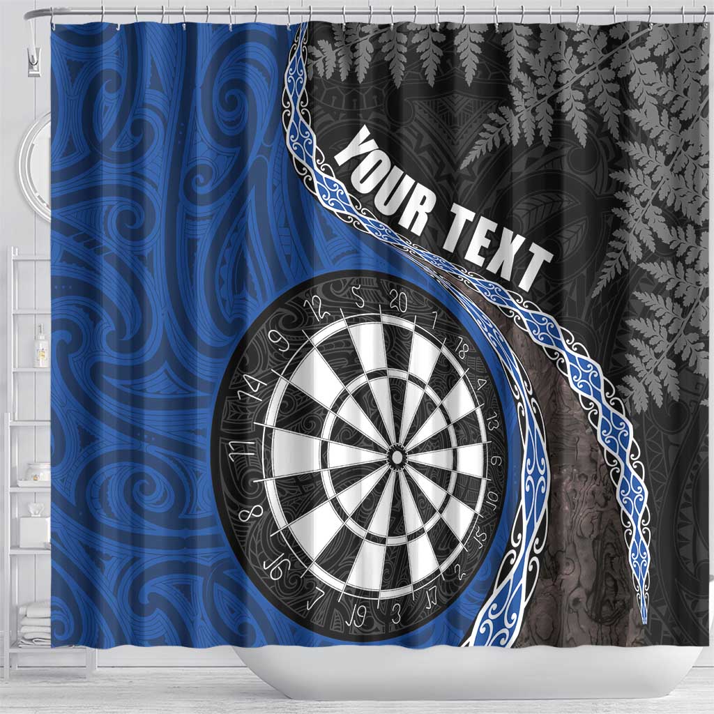Personalised New Zealand Darts Shower Curtain Koru Tribal Tattoo and Silver Fern Maori Pattern Blue Color LT03 - Polynesian Pride