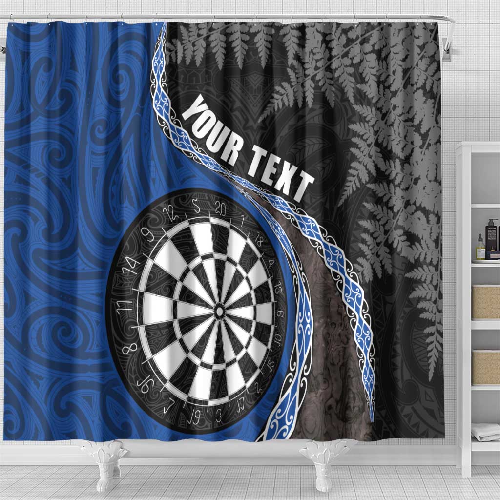 Personalised New Zealand Darts Shower Curtain Koru Tribal Tattoo and Silver Fern Maori Pattern Blue Color LT03 - Polynesian Pride