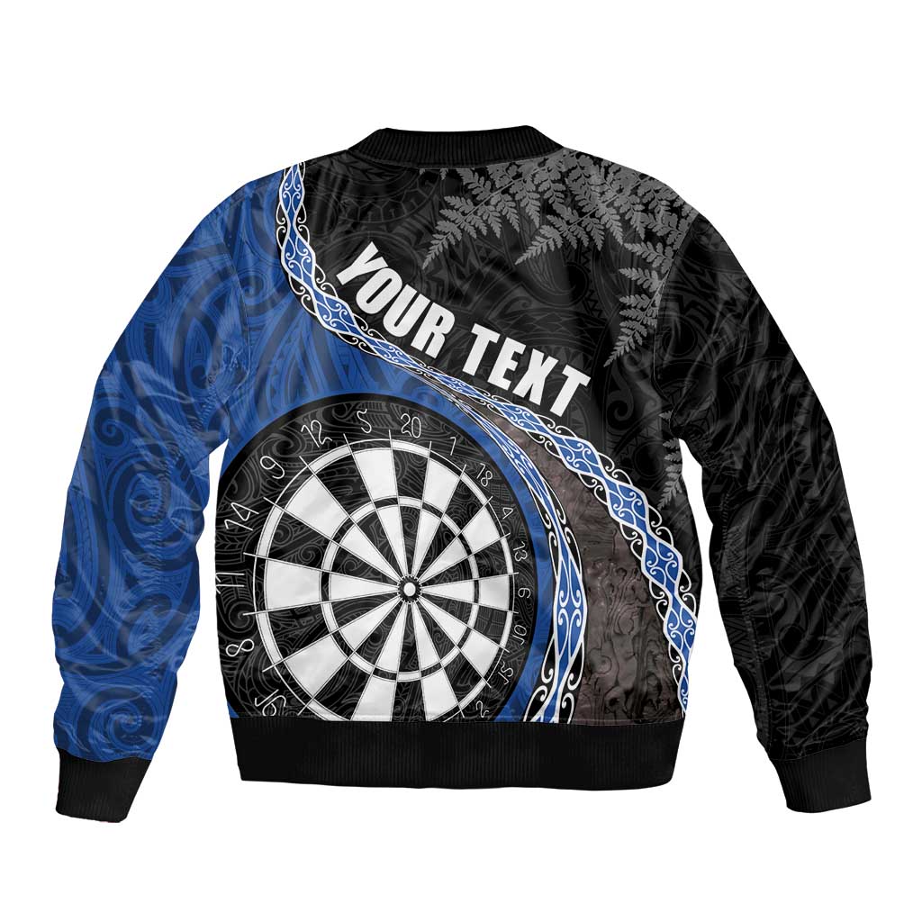 Personalised New Zealand Darts Sleeve Zip Bomber Jacket Koru Tribal Tattoo and Silver Fern Maori Pattern Blue Color LT03 - Polynesian Pride