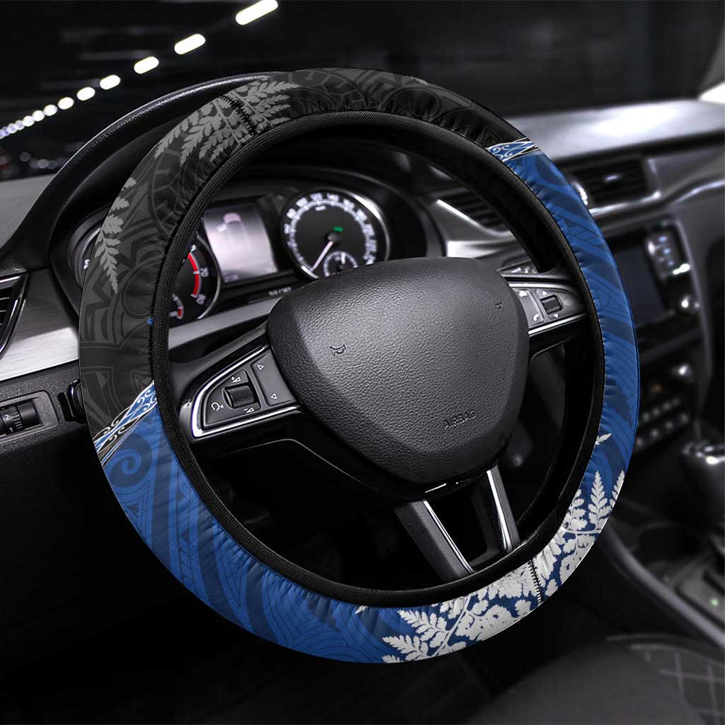 New Zealand Darts Steering Wheel Cover Koru Tribal Tattoo and Silver Fern Maori Pattern Blue Color LT03 Universal Fit Blue - Polynesian Pride