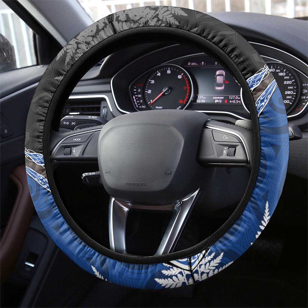 New Zealand Darts Steering Wheel Cover Koru Tribal Tattoo and Silver Fern Maori Pattern Blue Color LT03 - Polynesian Pride