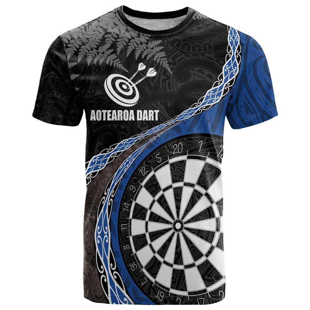 Personalised New Zealand Darts T Shirt Koru Tribal Tattoo and Silver Fern Maori Pattern Blue Color LT03 Blue - Polynesian Pride