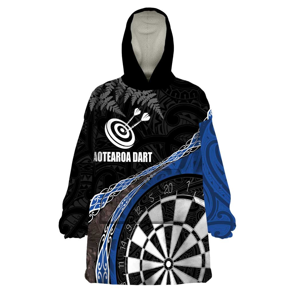 Personalised New Zealand Darts Wearable Blanket Hoodie Koru Tribal Tattoo and Silver Fern Maori Pattern Blue Color LT03 One Size Blue - Polynesian Pride