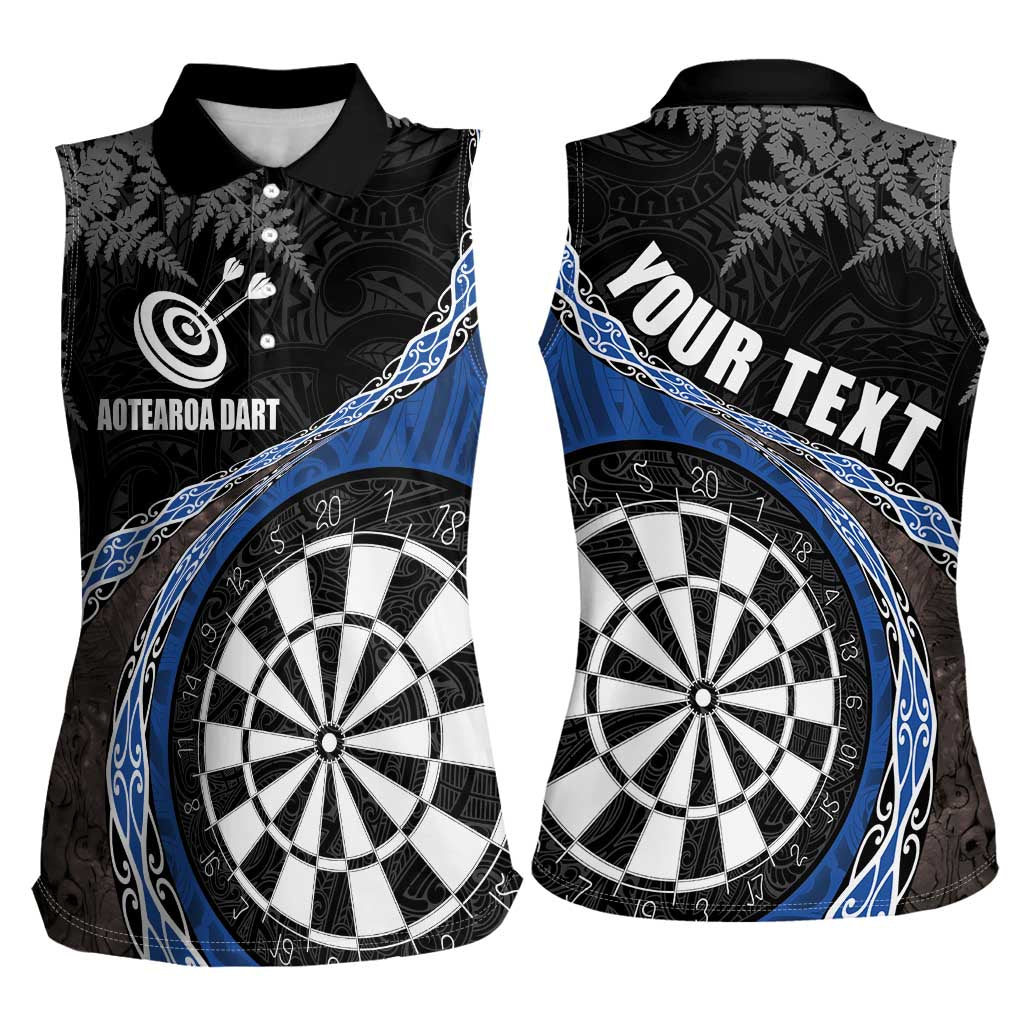 Personalised New Zealand Darts Women Sleeveless Polo Shirt Koru Tribal Tattoo and Silver Fern Maori Pattern Blue Color LT03 - Polynesian Pride